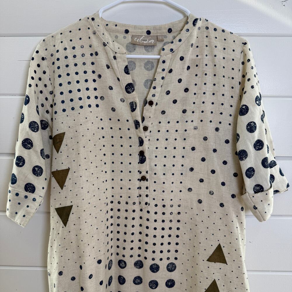 Utsa by Westside Kurta Dress Women Large Beige Geometric A Line Midi Shirt Asian - Picture 3 of 7
